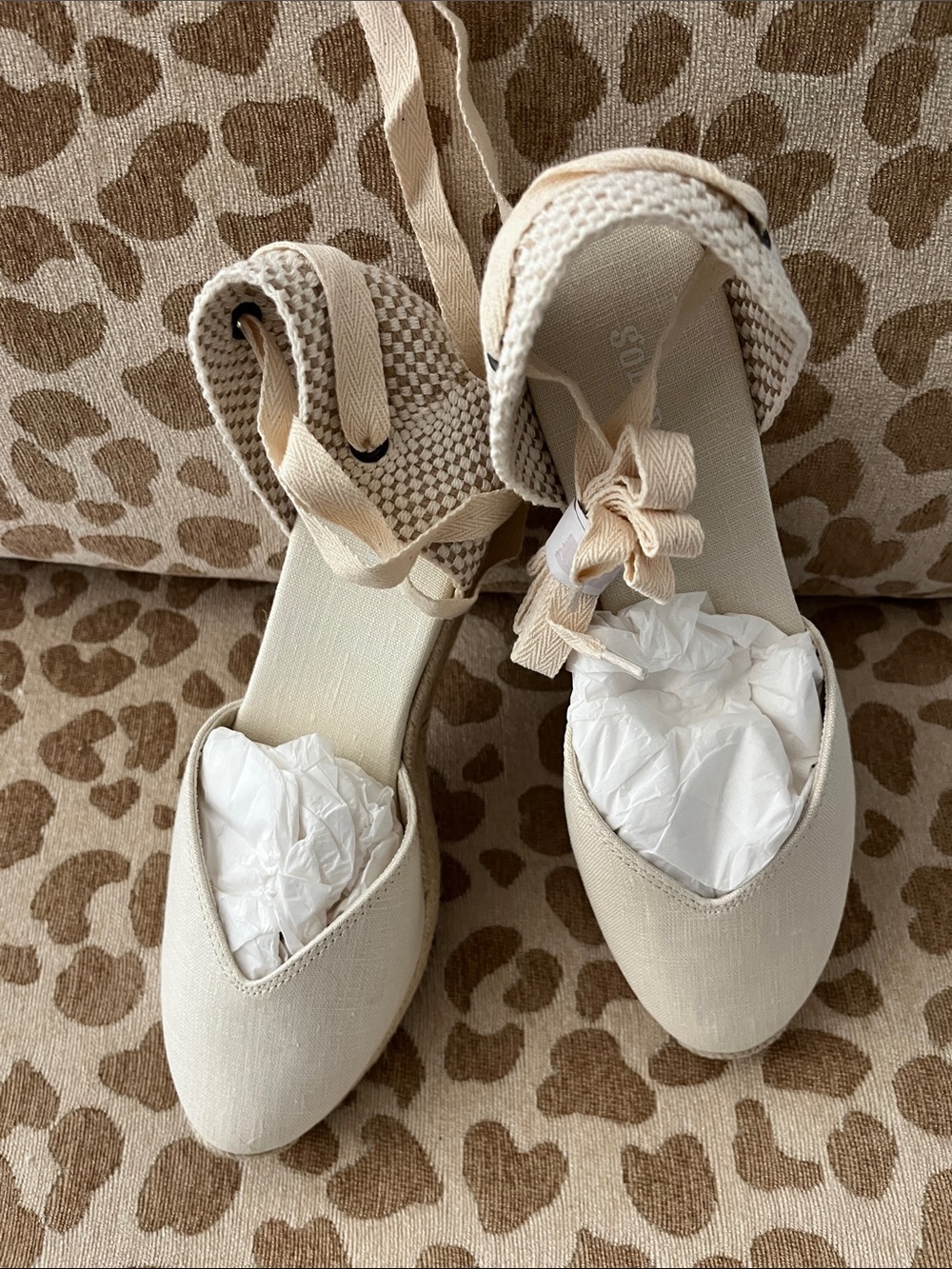 Soludos Cream Canvas Espadrille Wedge Lace-Up Sandals